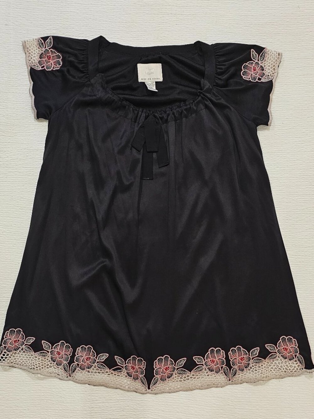 Bizz Princess Black Satin Mini Dress Pink Lace Floral Accent